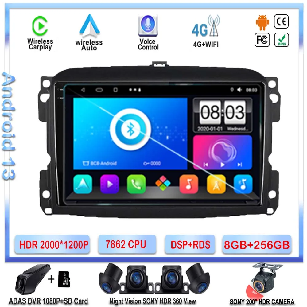 

7862 ЦП Android 13 для Fiat 500L 2012 -2017 GPS-навигация мультимедийный плеер NO 2din головное устройство для Carplay Автомобильный DVD Радио QLED 5G