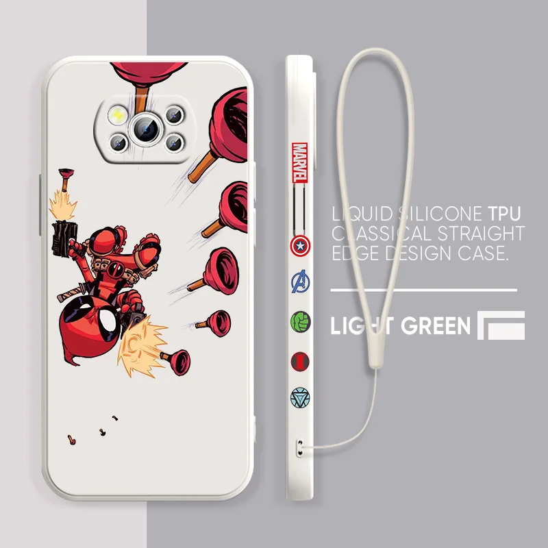 

Marvel Deadpool For POCO M5 M4 X4 F4 C40 X3 NFC F3 GT M4 M3 M2 Pro C3 X2 4G 5G Liquid Left Rope Silicone Phone Case