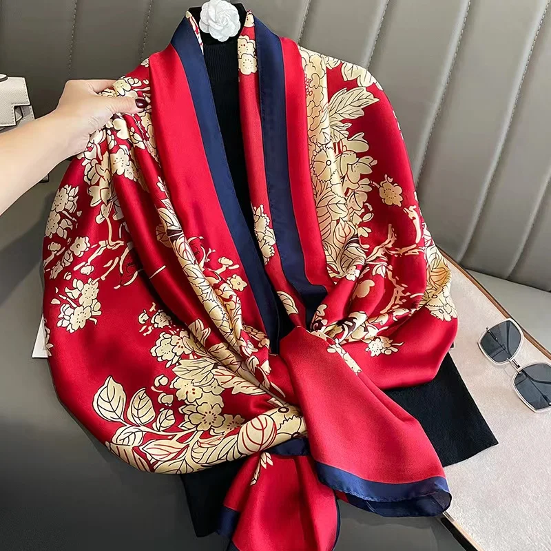 

New 180*90cm classic Silk Scarf Women Foulard Office lady Large Fashion Print Beach Hijab shawl warp bandanna muffler pareo
