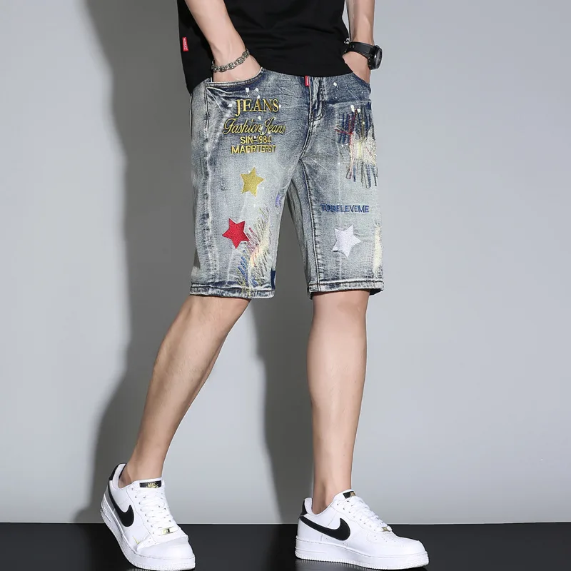 Summer Men Denim Shorts Trendy Micro Stamped Motorcycle Ripped Vintage Embroidered Straight Mid Waist Jeans Chapter Splash Ink 2