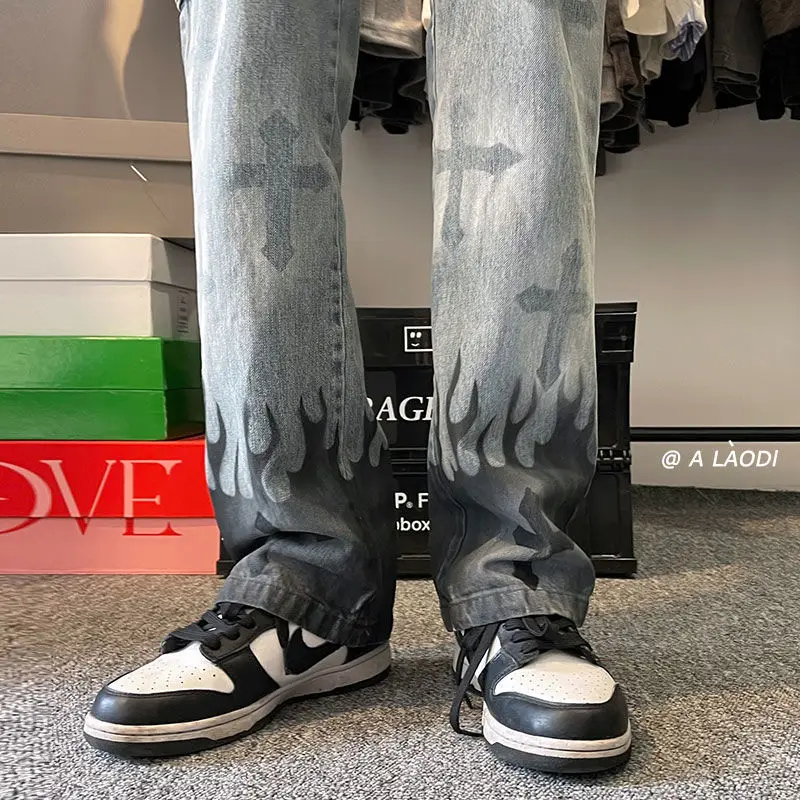 Niche High Street Hip Hop Flame Cross Splash Ink Jeans European and American Style Floor Pants Casual Drape Art Pants 3XL