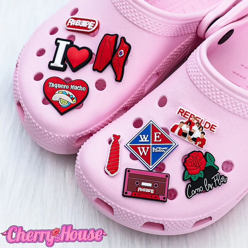 9pcs Mexican TV Shoe Charms Accessories School Uniform Shoe Decorations Red Rose Pins for Croc Woman Men Heart Croc Jeans
