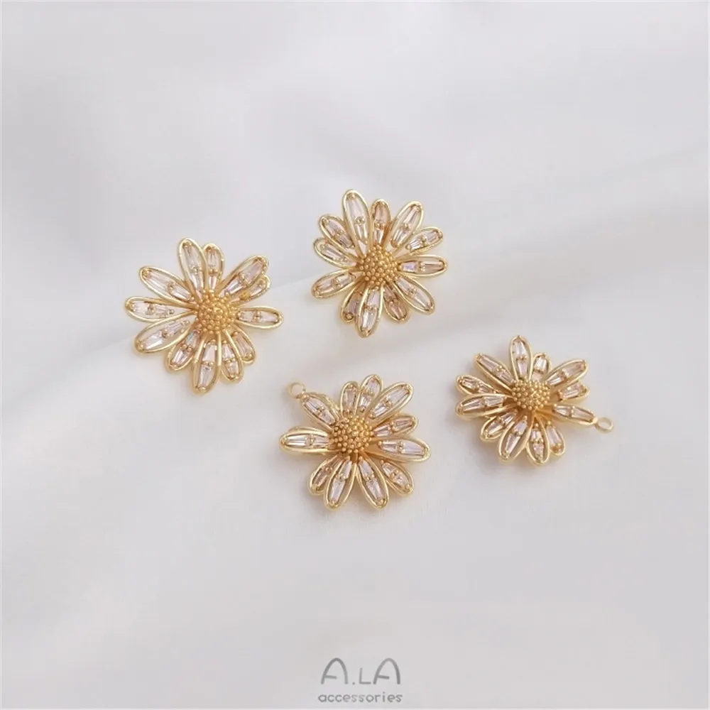 

Micro-inlaid zircon 14K gold three-dimensional daisies 925 silver pin earrings flower shaped pendant handmade necklace pendant