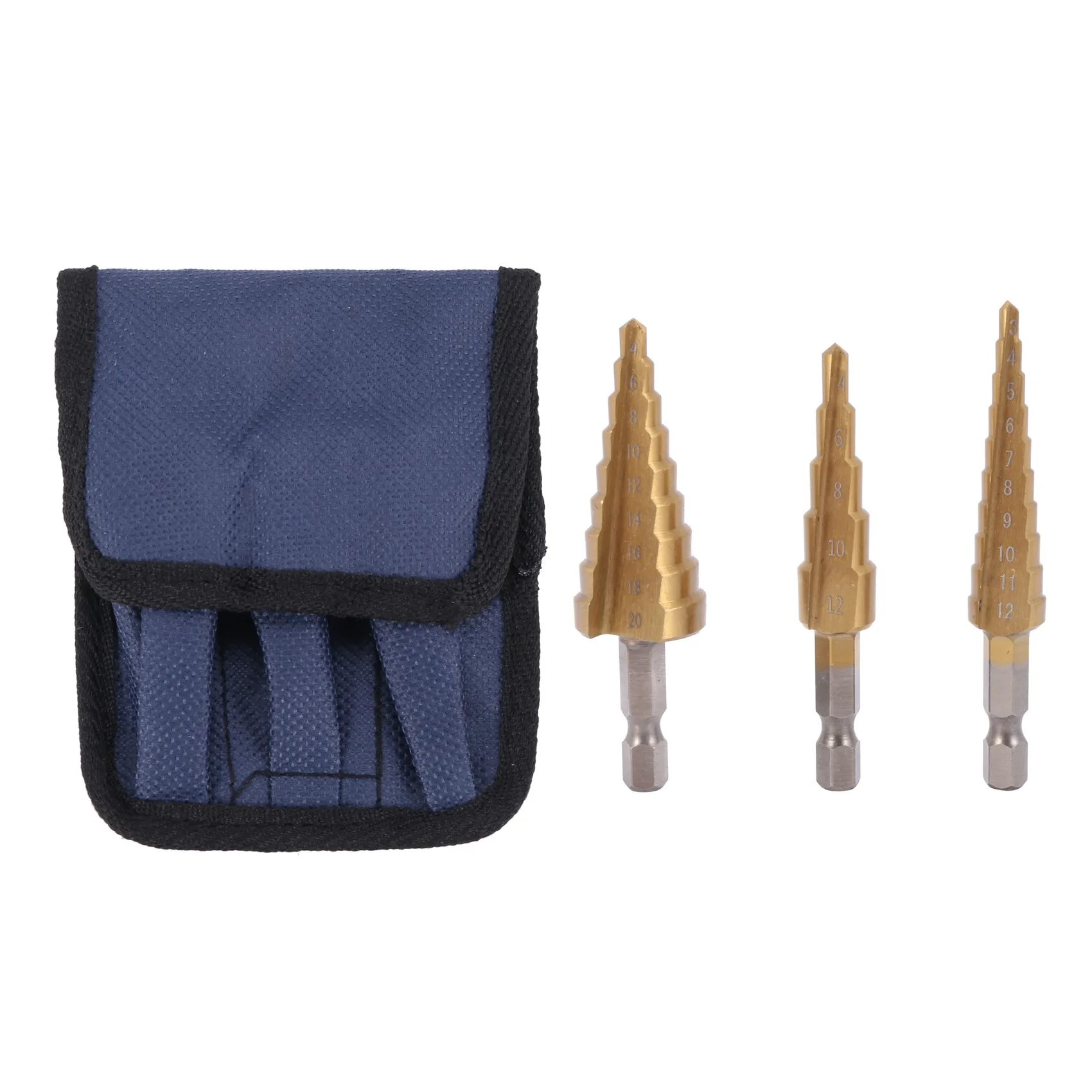 

3Pc Hss Step Cone Taper Drill Bit Set Metal Hole Cutter Metric 3-12 4-12 4-20Mm 1/4 inch Titanium Coated Metal Hex Taper