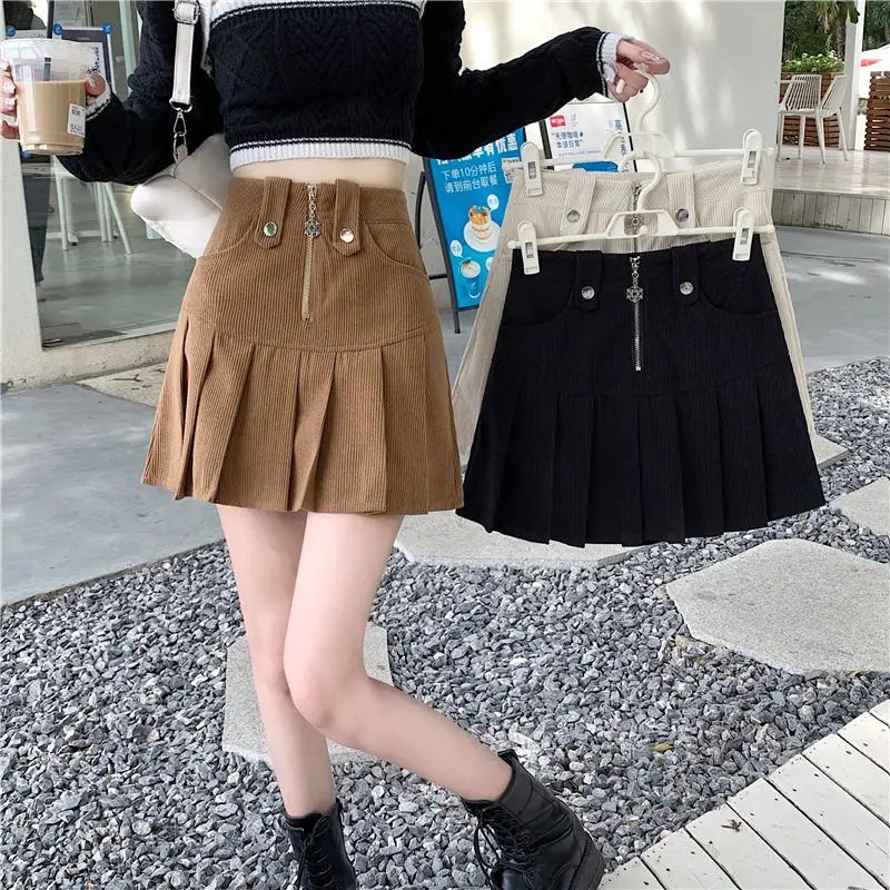 Harajuku High Waist A Line Y2K Fashion Summer Street Zipper Corduroy Aesthetic Ins Retro Ladies Holiday Sweet Korean Style Skirt