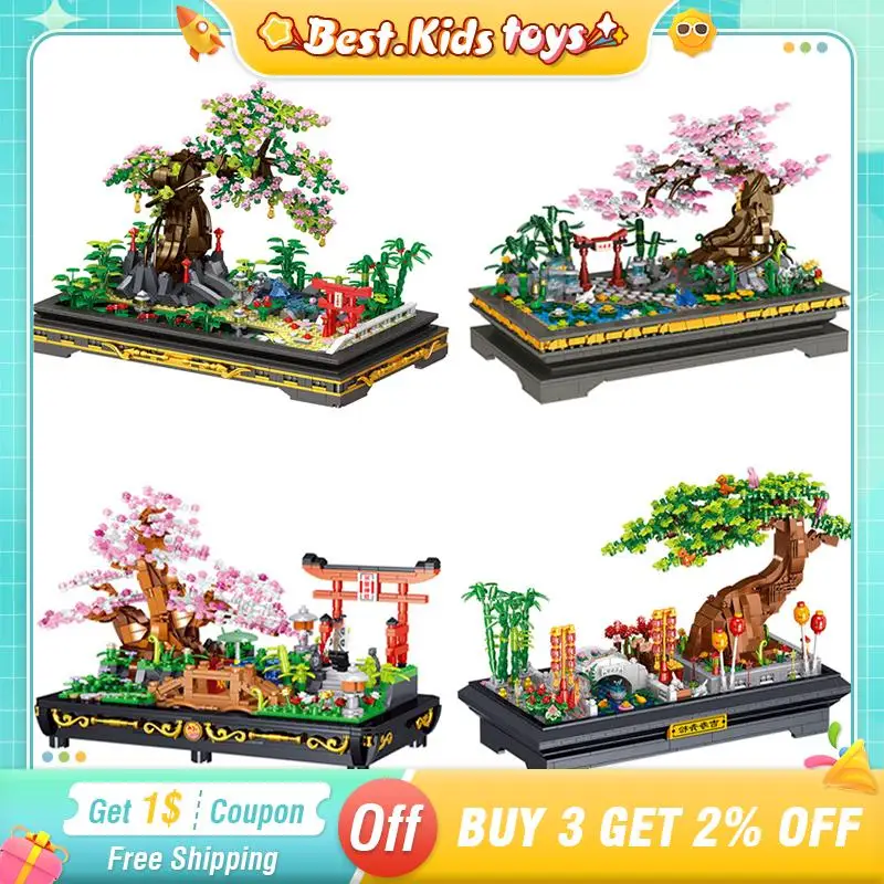 

Micro Sakura Bonsai Building Blocks Mini Garden Peach Blossom Succulent Plant Potted Home MOC City Model Brick Kids Toy Gift