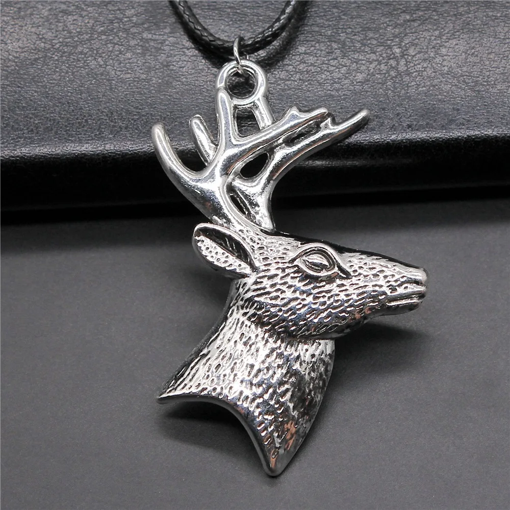 Ожерелье-цепочка унисекс из искусственной кожи, винтажный кулон в виде головы оленя с оленьими рогами, 2 цвета, 60 х43 мм, черный цвет, ретро