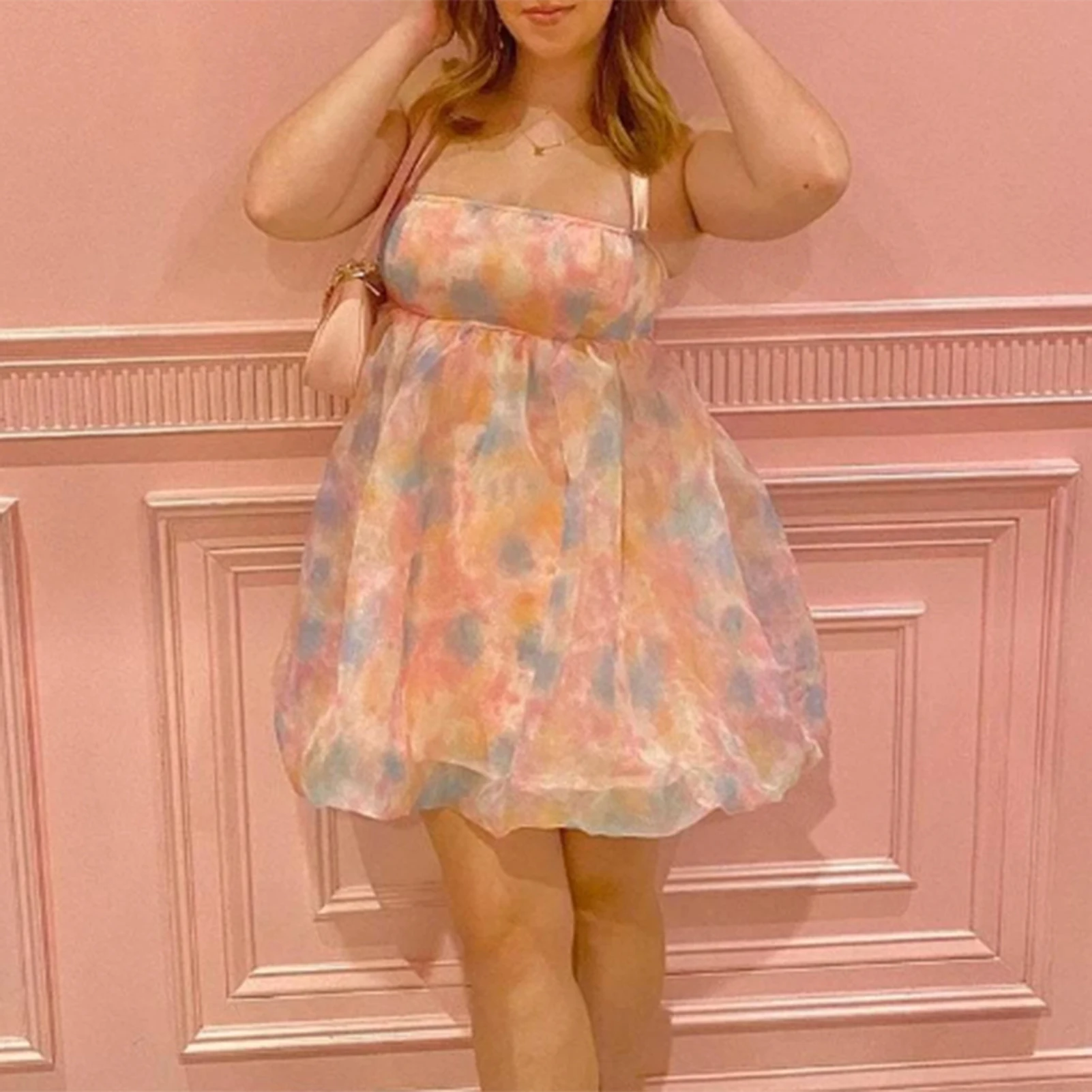 

Женское летнее короткое платье, платье из органзы с квадратным вырезом и пышными рукавами, пикантное мини-платье свободного кроя, милая стильная одежда для отпуска, жилет