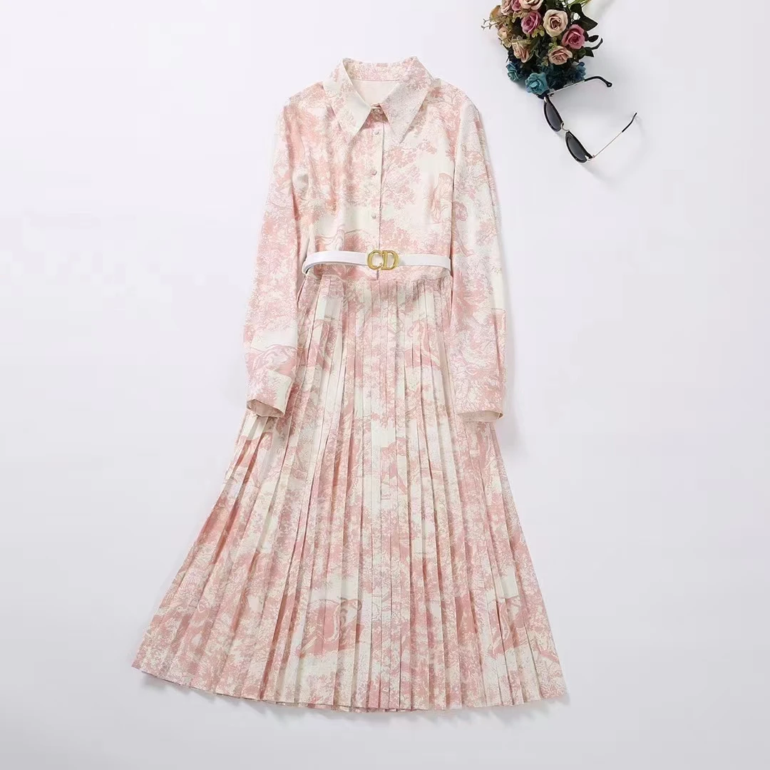 European and American women's summer 2022 new  Pink print on long-sleeve lapel  Fashionable belt pleated dress