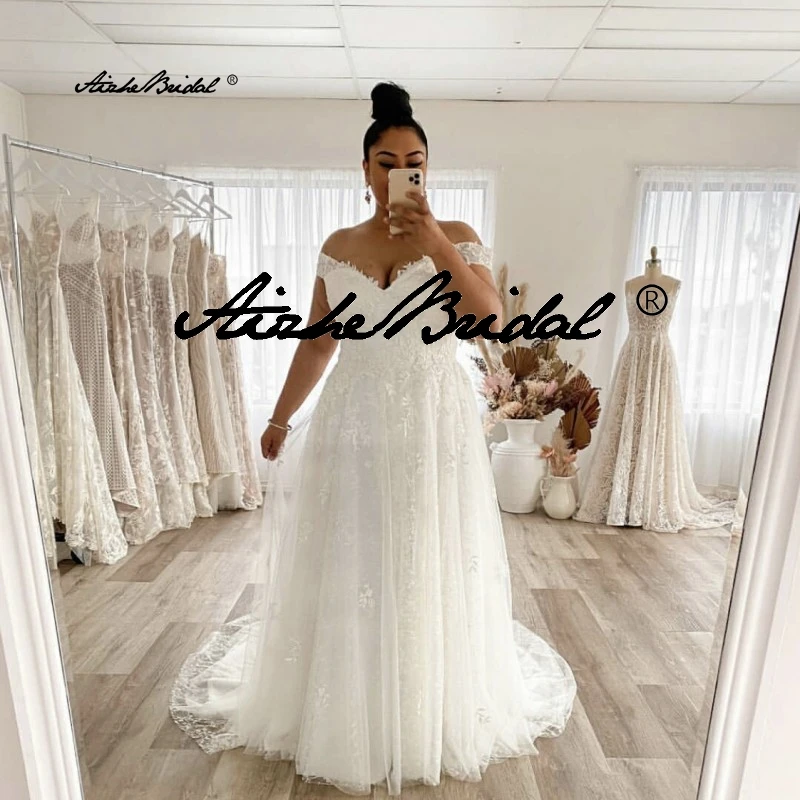 Свадебное платье женское трапециевидной формы с открытыми плечами Кружевная