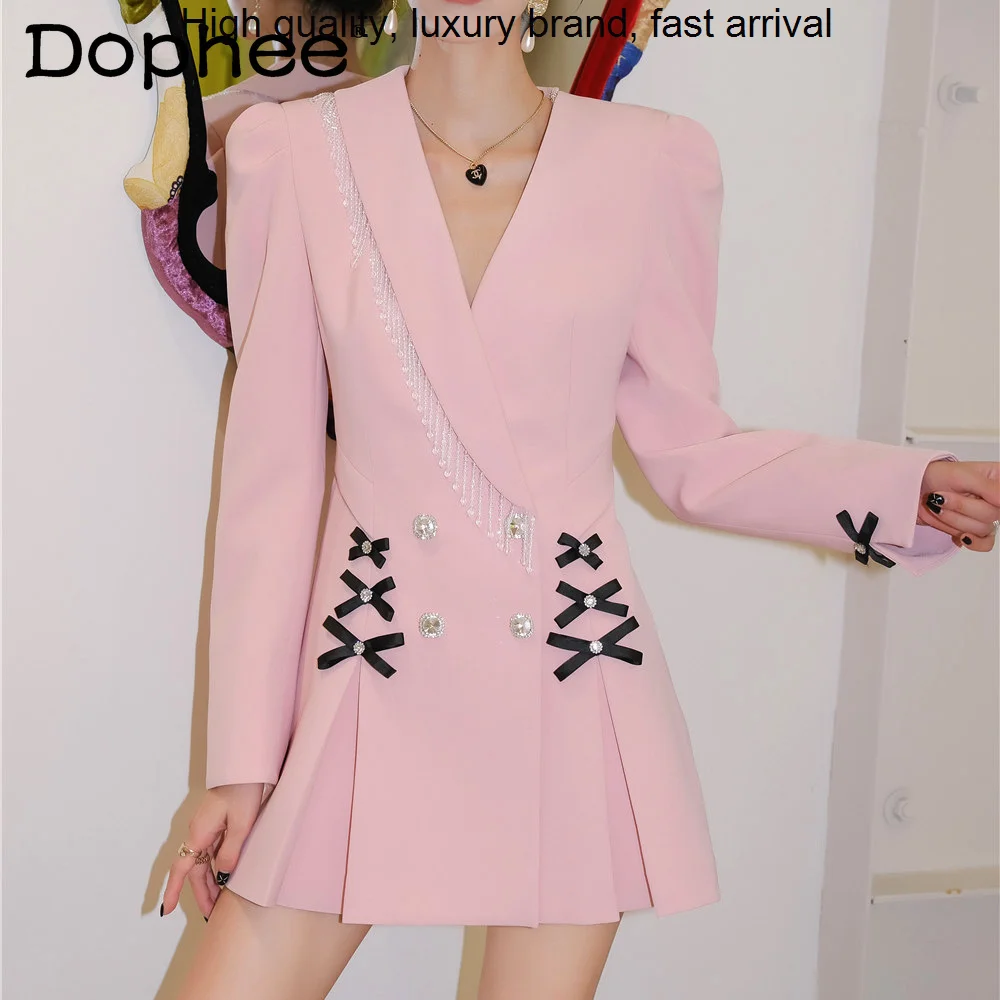 

Женский офисный пиджак с бахромой, элегантный розовый двубортный Блейзер средней длины с бантом и длинным рукавом, весна 2023