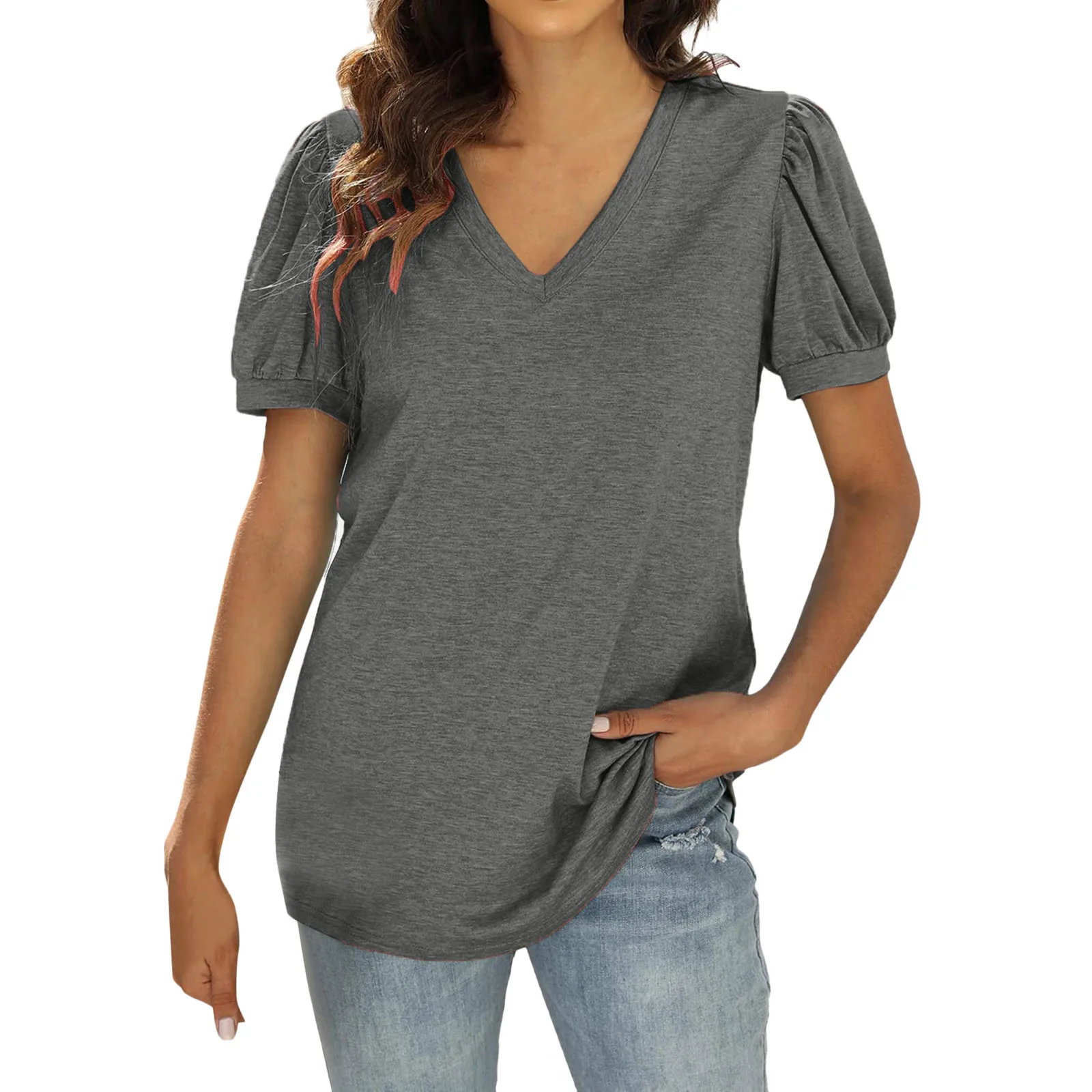 

Women Casual T Shirt Ladies Tops Solid Color Tops Summer V Neck Petal Sleeve Short Sleeve Top Casual T- Shirt Haut Femme