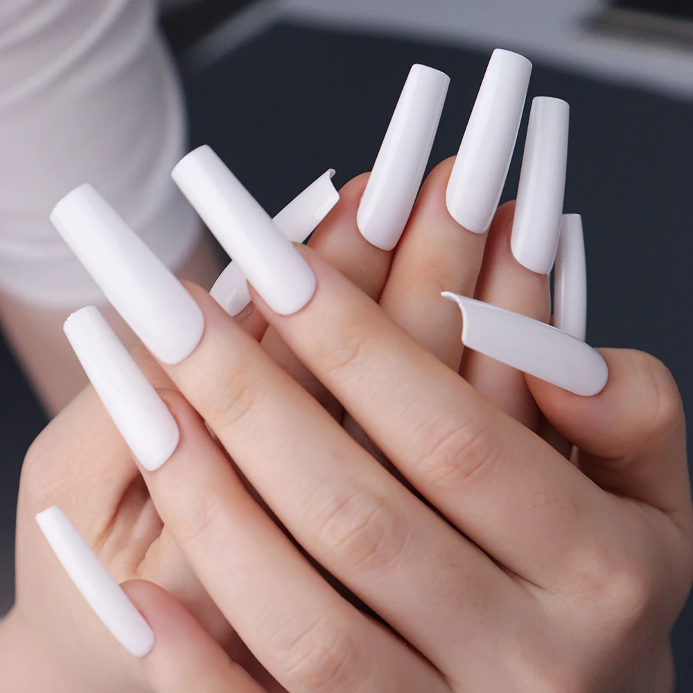 

Глянцевые белые прозрачные накладные ногти 120 шт., чрезвычайно длинные квадратные накладные ногти из АБС-пластика, полное покрытие, инструм...