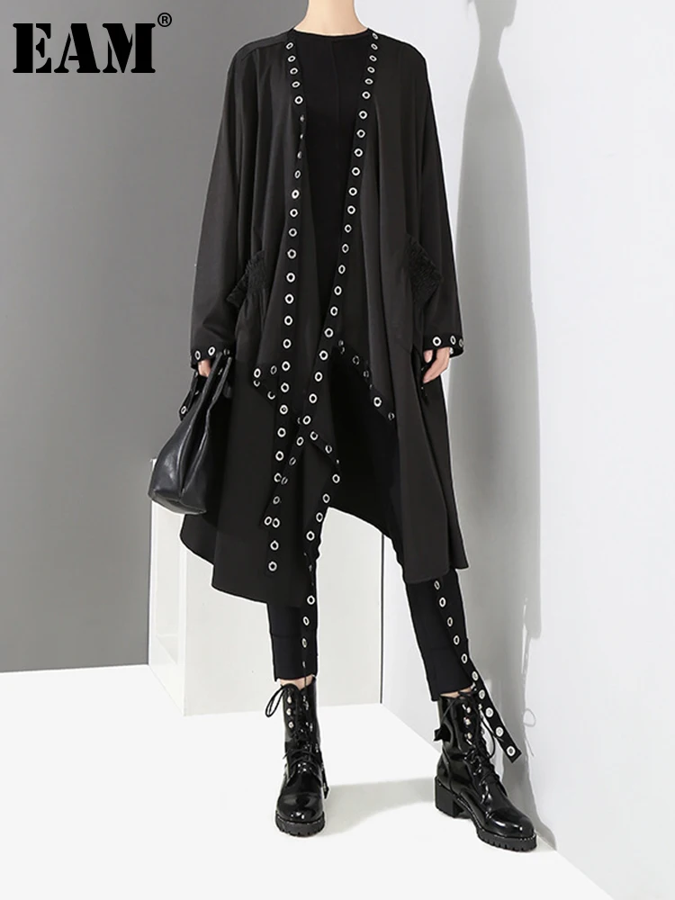 [EAM] Свободная черная плиссированная куртка большого размера с вырезами из ленты