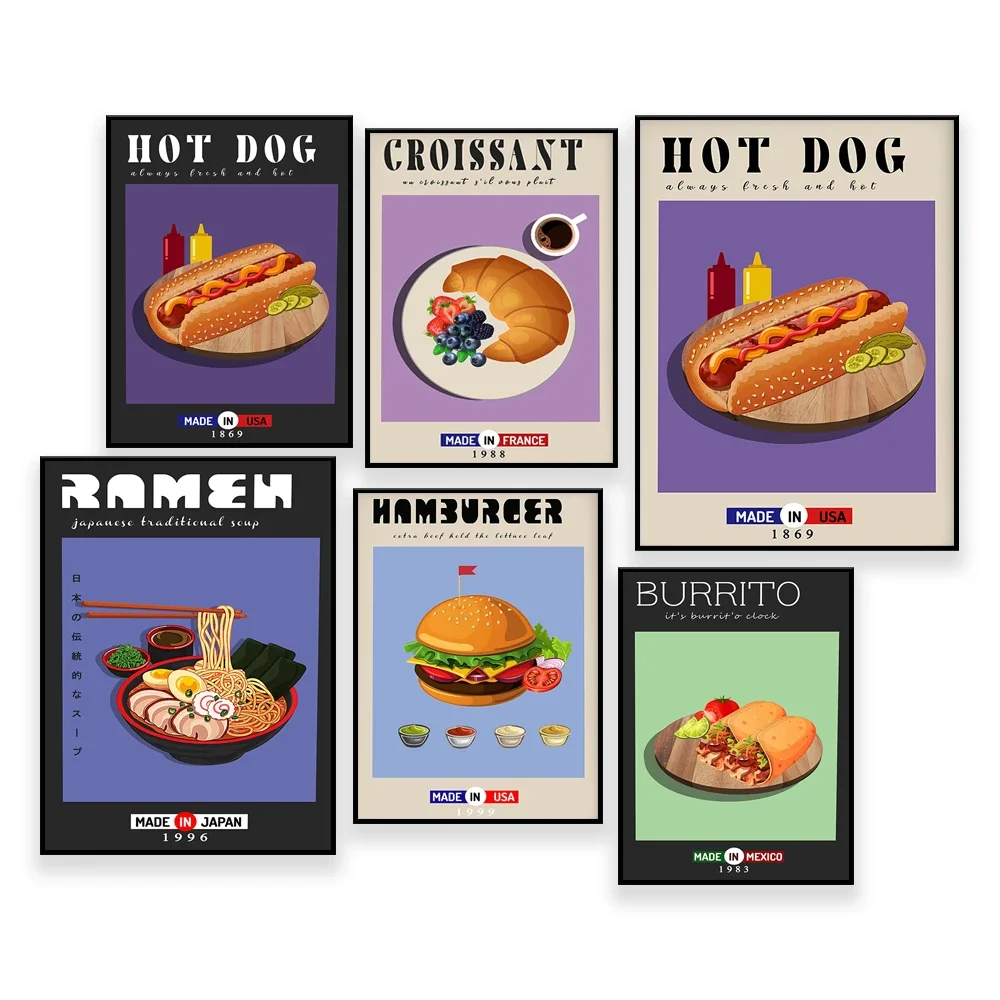 Croissant Poster Burrito Risotto Hot Dog Cheese Retro Housewarming Gift Kitchen Decor