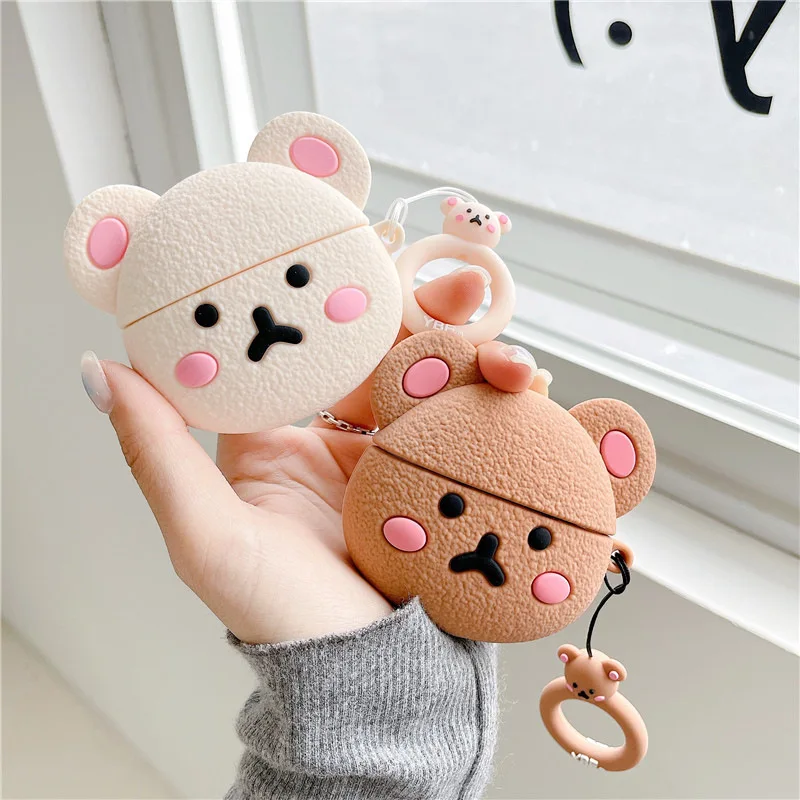 

3D Bear Korea White Brown Cartoon Earphone Case For Airpods 1 2 3 Pro Air pods Cover Cute Box Silicone Headphones Charing Capa