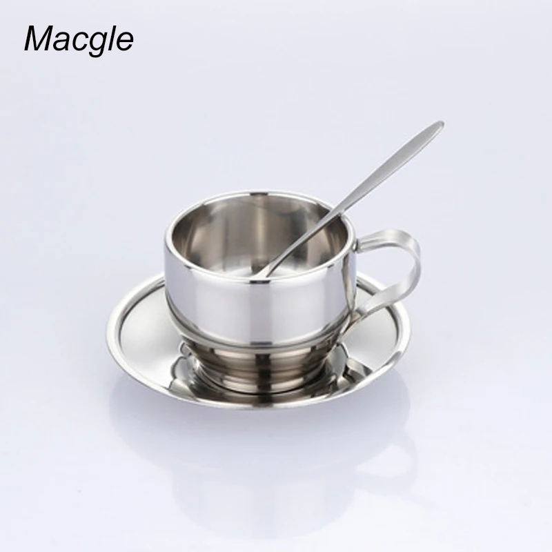 Coffe Cup Set Stainless Steel Coffee Cup Double Layer With Saucer Spoon Three Piece Coffee Shop Tools European Coffee Cup