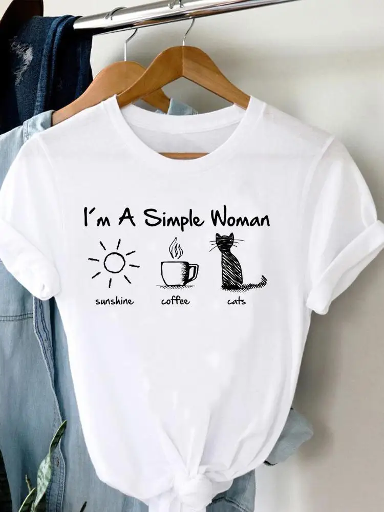 

Cat Coffee 90s Style Cute T Shirt Clothing Tee Women T-shirt Summer Short Sleeve Print Clothes Fashion Female Graphic Top
