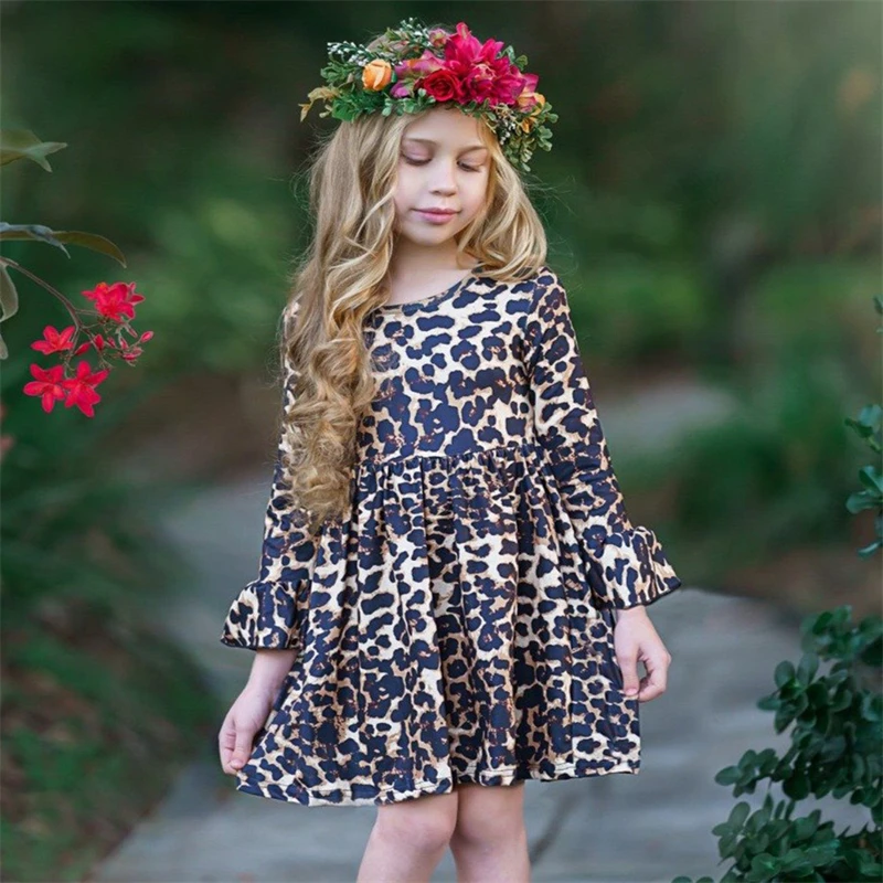 

2022 New Leopard Print Dress Baby Girls Cute Trumpet Sleeve Dress Birthday Party New Year Clothes Children Summer Beach Dress