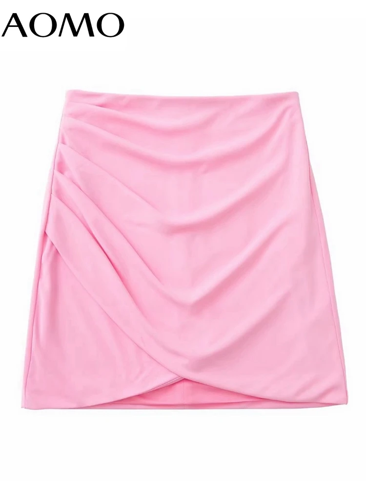 

AOMO 2022 Women Pink Pleated Skirts Faldas Mujer Zipper French Style Female Mini Skirt 3H288A