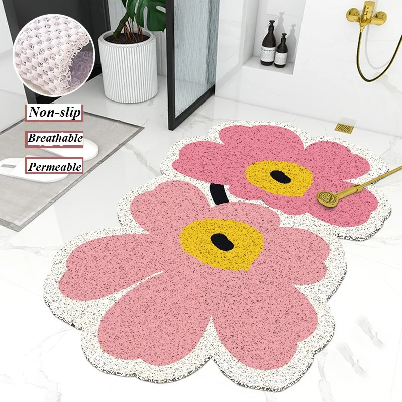 

Flower Shower Mat Pink Bathroom Mat Yellow Carpet Toilet Mat Hollow Permeable Breathable Anime Rug Bathroom Decoration