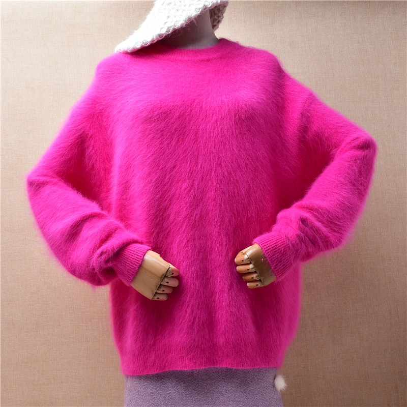 

Female Women Fall Winter Thick Warm Pull Rose Hairy Angora Rabbit Hair Knitted O-Neck Long Batwing Sleeve Loose Pullover Sweater