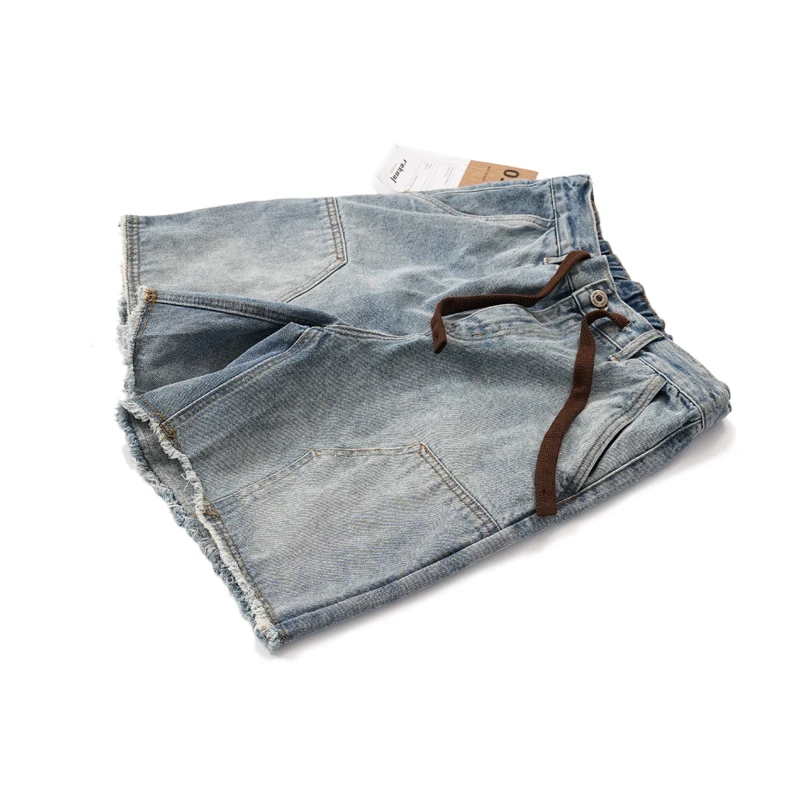 Washed Denim Elastic Waist Shorts Japanese Work Uniform Straight Tube Double Knee Logging Jeans Summer Pants Men