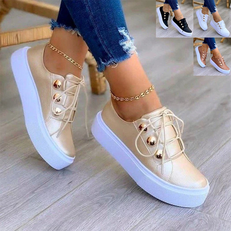 

Women Casual Platform Sneakers Lightweight Flat Walking Shoes Solid Color Lace-up PU Leather Shoes Indoor Outdoor Daily Shoes