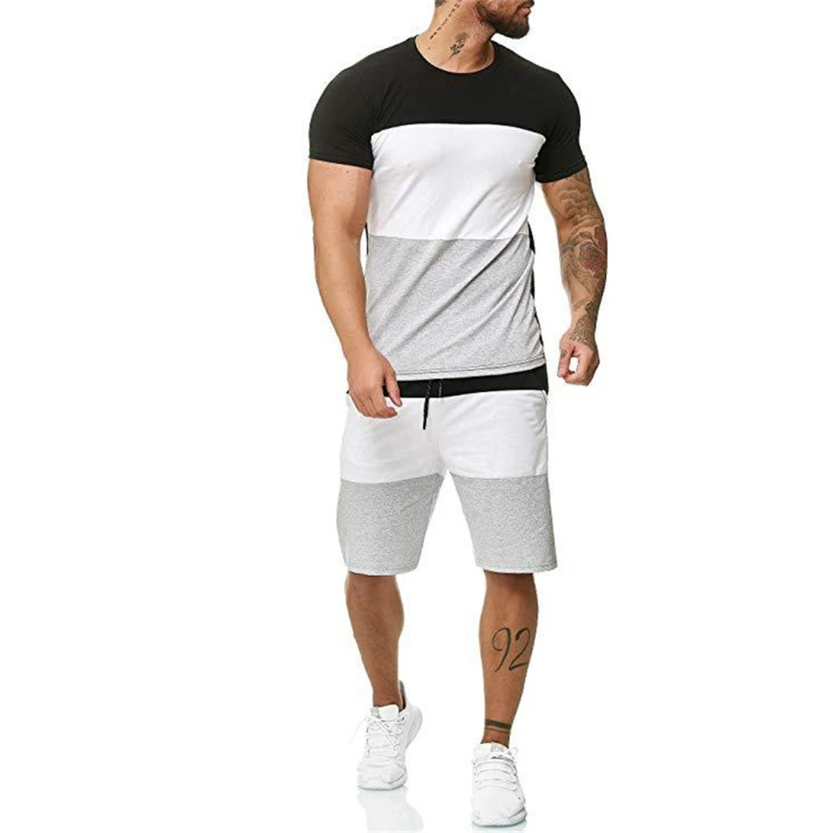 

Fashion Men Contrast Color Clothes Set Short Sleeve O-neck T-shirt Drawstring Waist Shorts Sportwear Male Shorts Casual Outfits