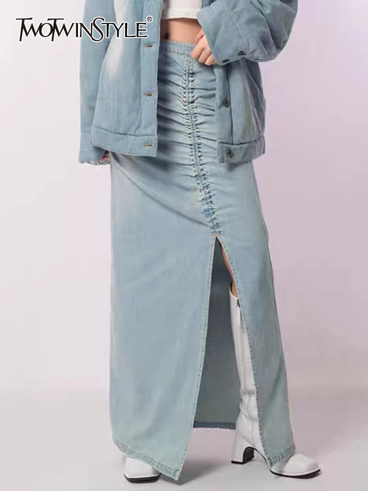 

TWOTWINSTYLE Split Denim Skirts For Women High Waist Folds A Line Summer Temperament Solid Skirt Female Fashion Style Clothing
