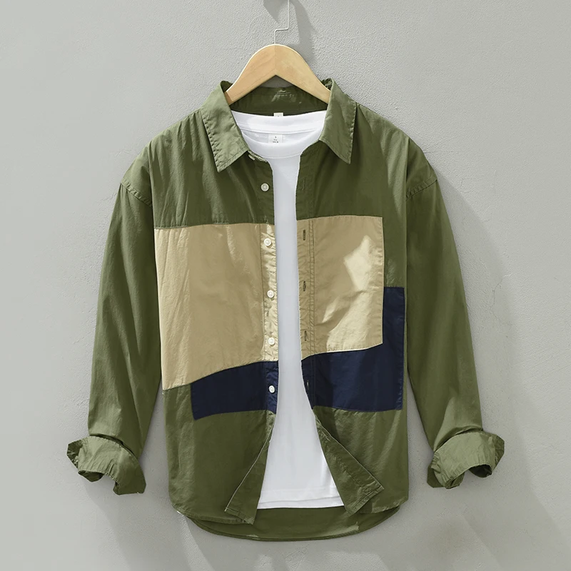 

Дизайнерская Новая повседневная хлопковая рубашка в стиле пэчворк с длинными рукавами, мужской брендовый трендовый удобный топ, мужская рубашка, мужская рубашка