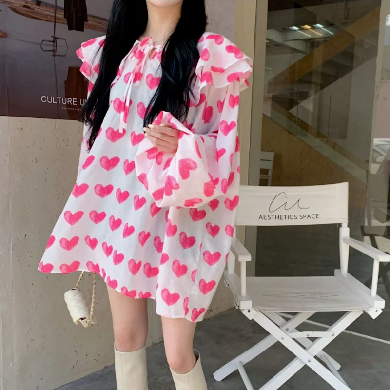 

2021 Spring Pink Peter Pan Collar Sweet Heart Chiffon T-Shirt Fashion Streetwear Fall Women Preppy Style Black Tshirt Lady Top