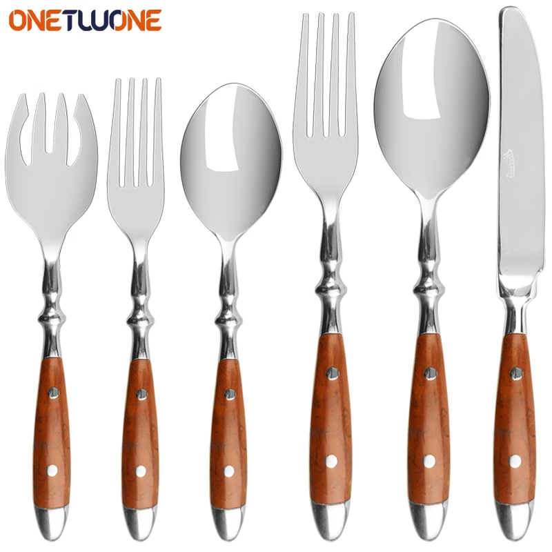 

Tableware With Wooden Handle,With Steak Knives Retro Cutlery Stainless Steel Flatware Cutlery,Set Includes Forks Spoons Knives