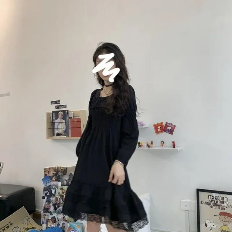 Женское платье с длинным рукавом однотонное черное кружевное плиссированное