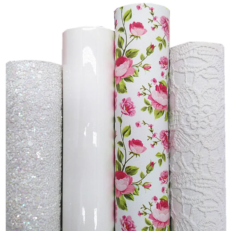 White Chunky Glitter Leather Flowers Printed Synthetic Leather Lace Embossed Faux Vinyl Leather Sheets For Bows DIY 21x29CM Q879