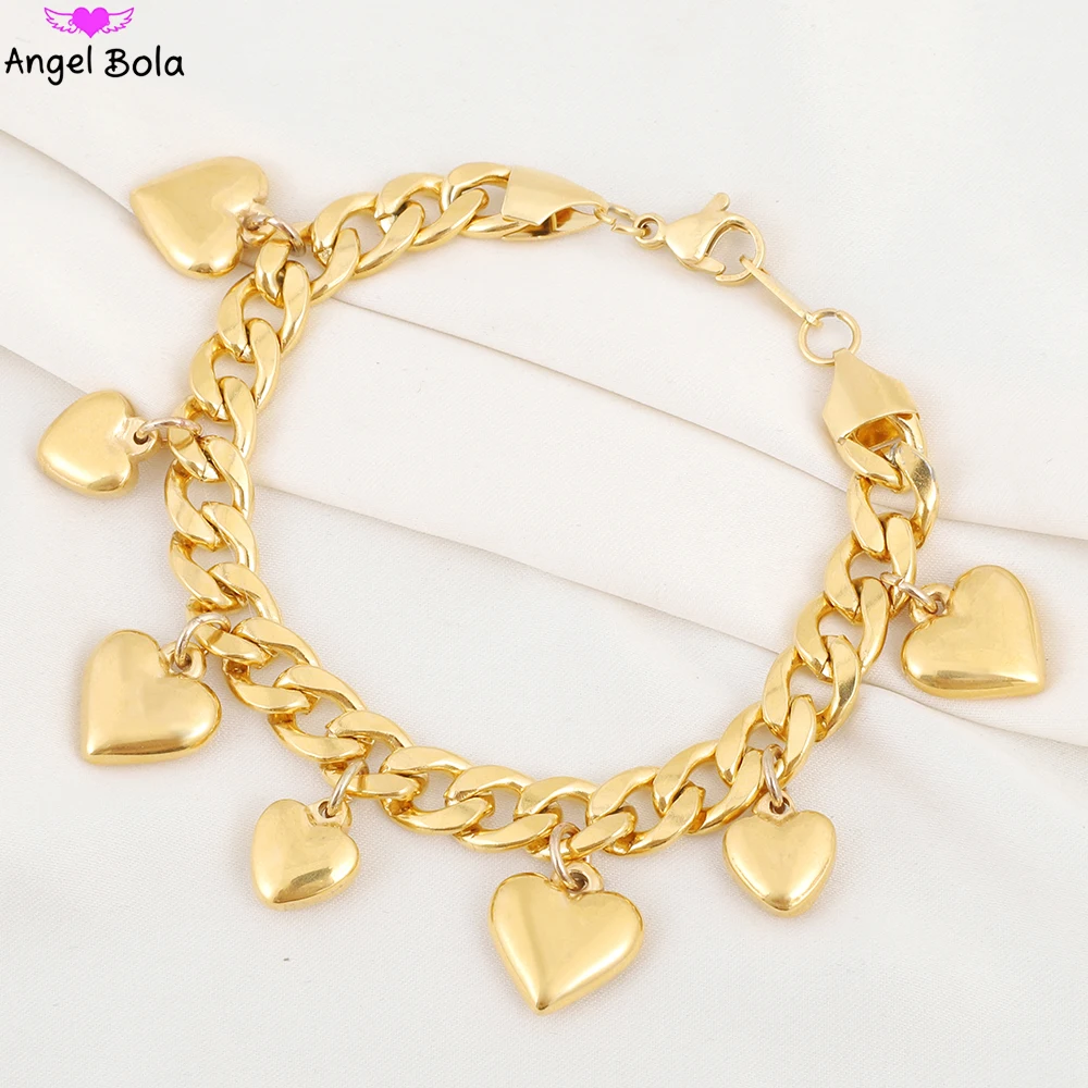 

Simple Stainless Steel Bracelet for Women Heart Love Pendant 18K Gold Plated Cuban Chain Charm Bangles Fashion Jewelry Wholesale