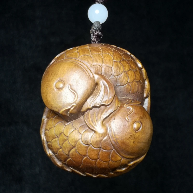 YIZHU CULTUER ART H 5.5 CM Chinese boxwood hand carved two fish carp statue wealth netsuke pendant collection Gift