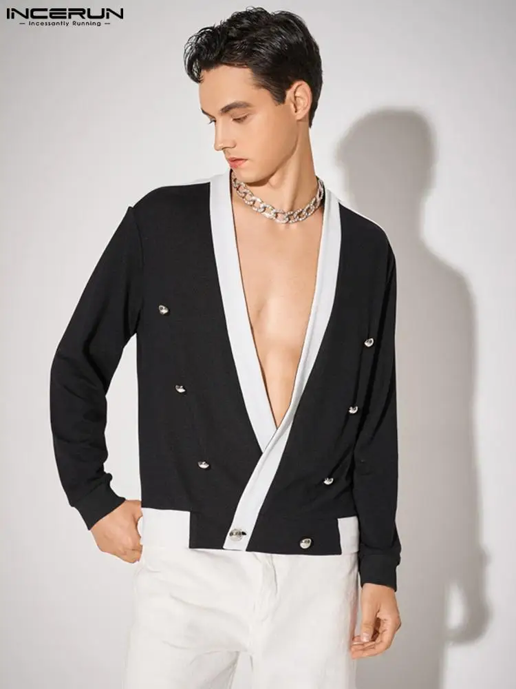 

Handsome Well Fitting Tops INCERUN Casual Men Collarless Splicing Color Blazer Button Decorated Long Sleeve Suit Coat S-5XL 2022