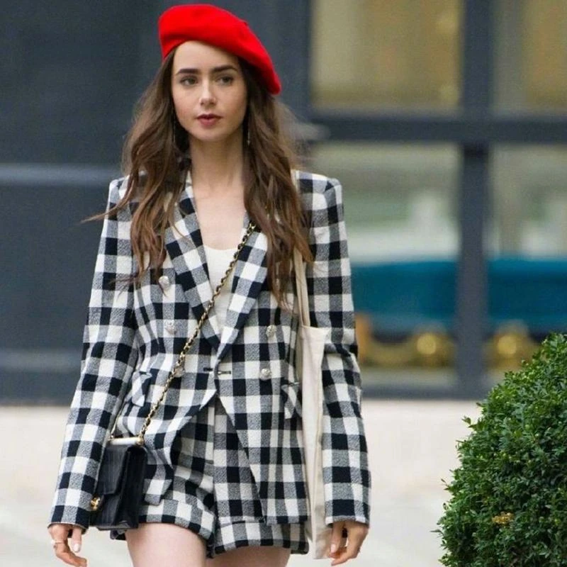 

Emily In Paris Same Classic Black White Plaid Blazer woman High Waist Shorts Elegant Tweed Fashion Suit Coat short pants Female