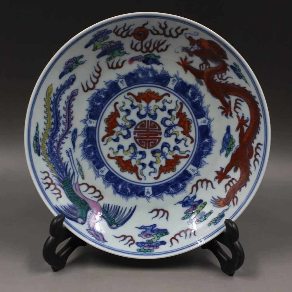 

Фарфоровый декоративный поднос с изображением китайского синего и белого дракона и феникса