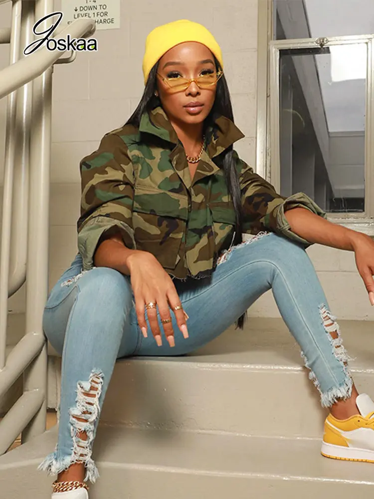 

Joskaa, повседневная камуфляжная Свободная куртка с отворотом и длинным рукавом, женская одежда, осень 2022, Модный укороченный топ на пуговицах,...