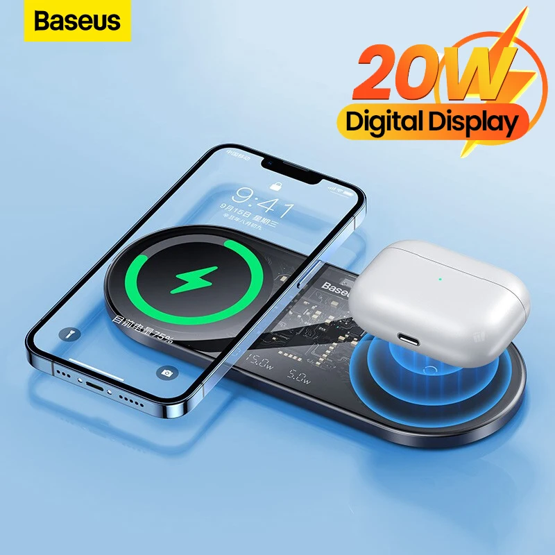 

Baseus 20W Qi Wireless Chargers for iPhone 14/13/12 Pro Max Airpods Digital LED Display 2 in 1 Induction Fast Charging Pad