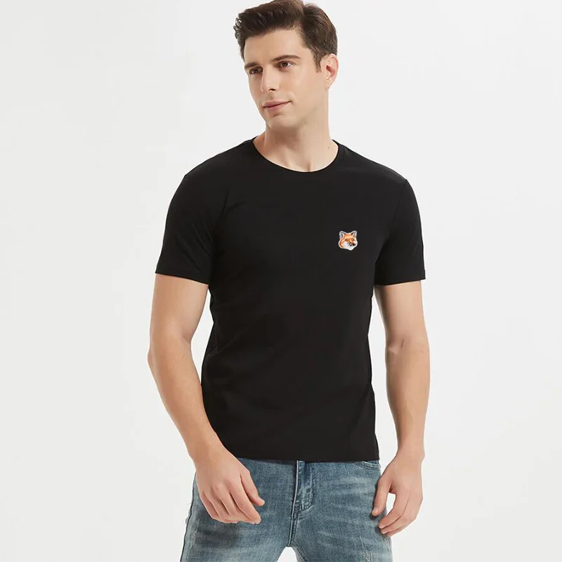 

Mens Maison Fox Embroidered Stretch 100%Cotton Jersey T-Shirt Luxury Brand Casual Short Sleeve Street Fashion Loose Hip-hop Top