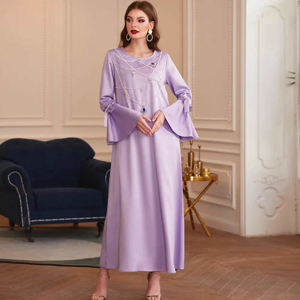 Women Spring Summer Muslim Noble Purple with Diamond Frill Sleeve Skirt Turkey India Abaya Arab Islamic Women Kraftan Gown