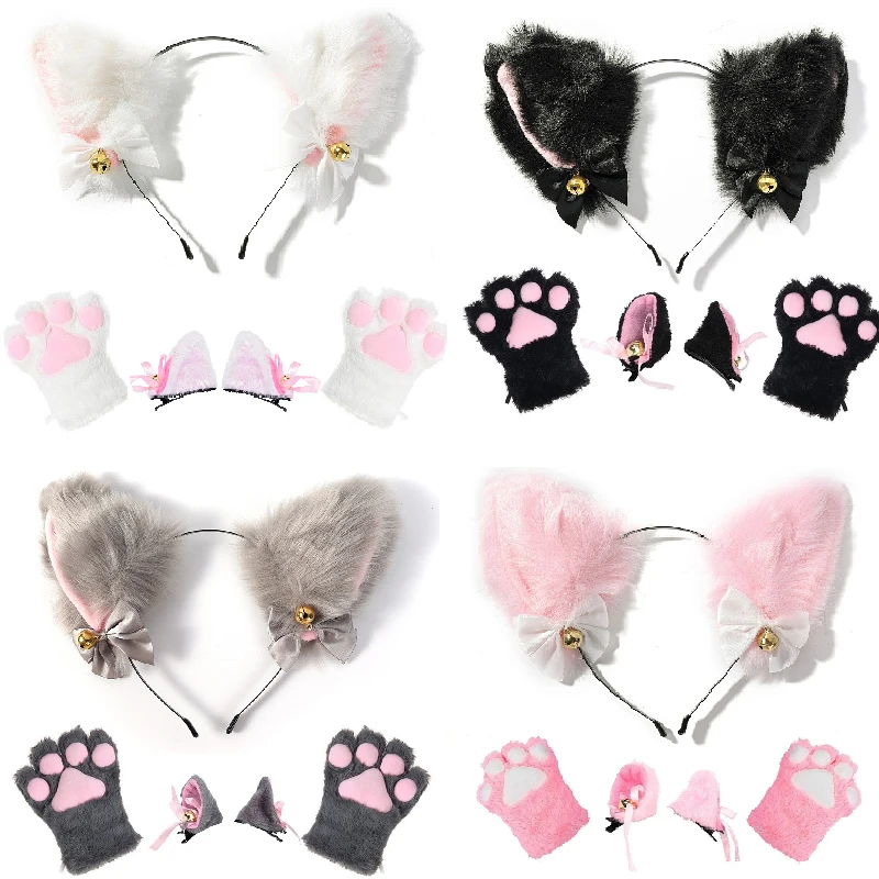 4pcs Lovely Cat Ear Hair Wear Set Claw Gloves Girls Anime Cosplay Costume Plush Cat Fur Ear Hairband Night Party Club Headbands