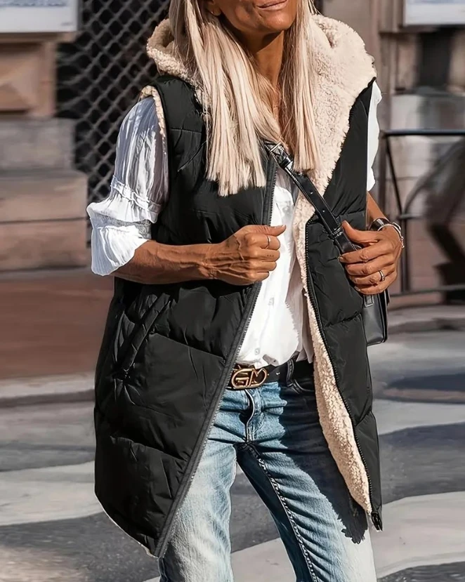 

Woman Zipper Design Hooded Versatile Longline Puffer Vest Coat Temperament Commuting New Winter Women's Keep Warm Puffer Coats