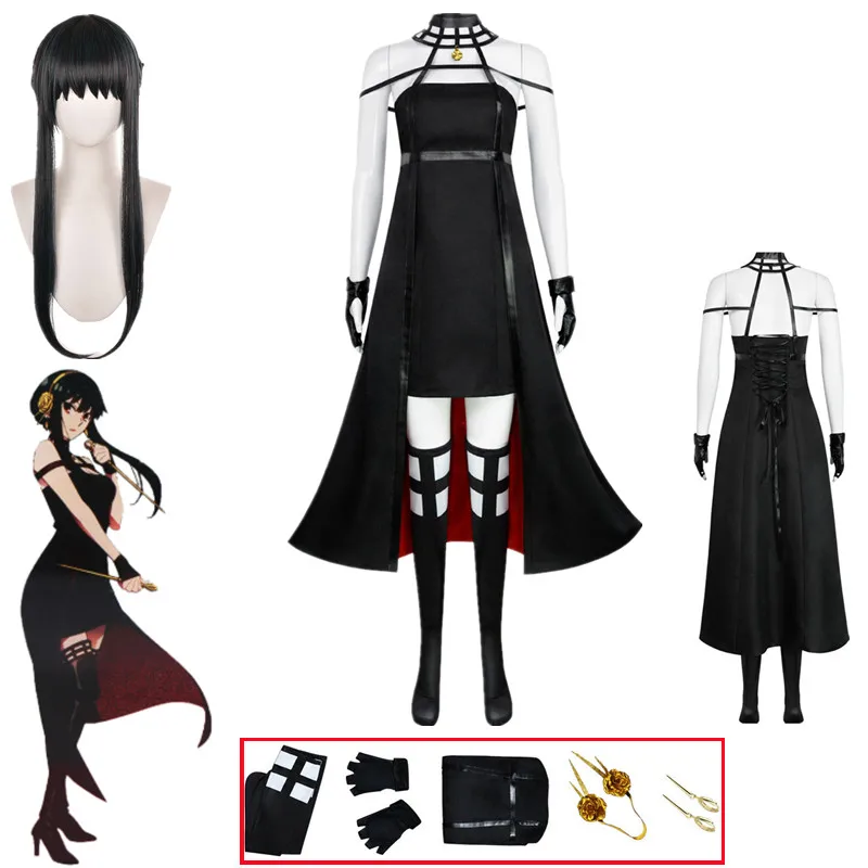 

Anime Spy X Family Yor Forger Cosplay Costume Dress Earring Black Outfits Halloween Carnival Suit Long Hair Women Clothes Party