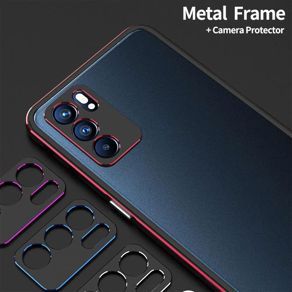 

For OPPO Reno6 Pro Case 5G Reno8 7 Aluminum Metal Bumper Frame Slim Cover Skins Protective Phone Funda + Carmera Lens Protector
