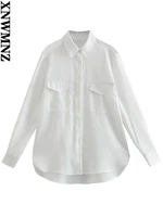 xnwmnz 2022 women fashion pocket ornament flowy loose shirt retro lapel long sleeve side slit female chic blouse