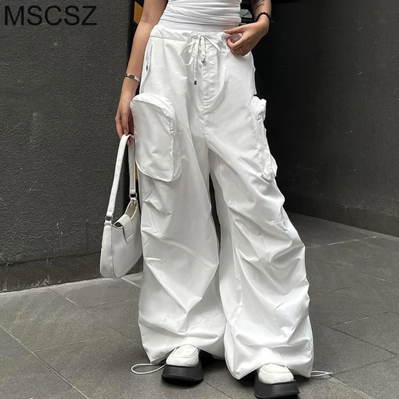 New Casual Baggy Pants Woman Drawstring Waist Loose Cargo Pants With Pocket White Jogger Pants Women Y2K Harajuku